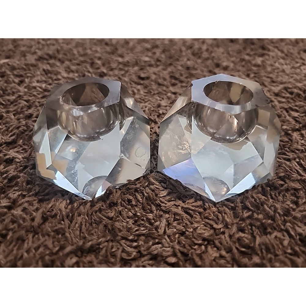 Vintage ZCMI Clear Candle Stick Holders Geometric‎ Faceted Prism Bohemian